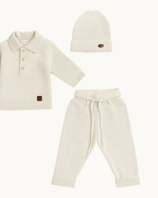 Baby Boy Knitted Polo Sweater, Pants & Hat Set