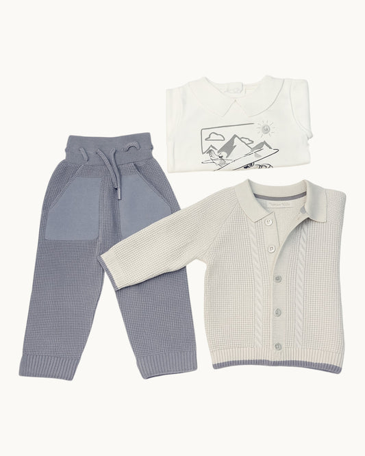 Baby Boy Knitted Cardigan, Pants & Printed Top Set